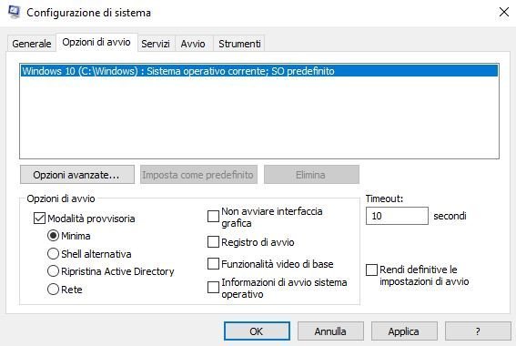 windows 10 in modalità provvisoria da msconfig