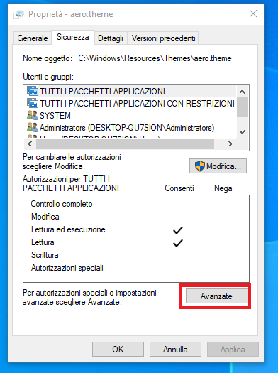 Cambiare autorizzazioni file Windows 10