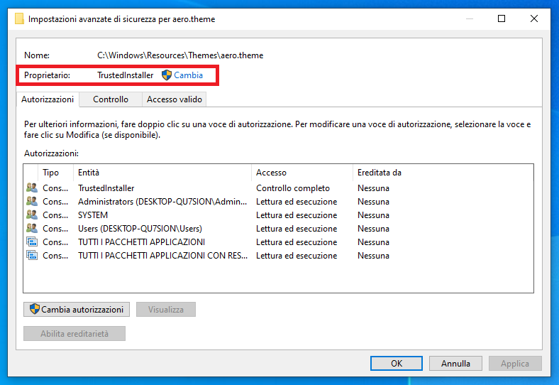 Cambiare autorizzazioni file Windows 10