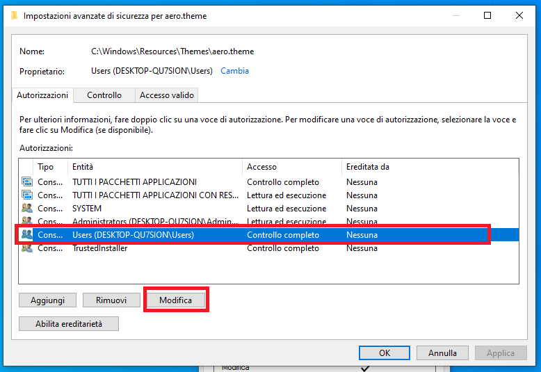 cambiare le autorizzazioni Windows 10 1