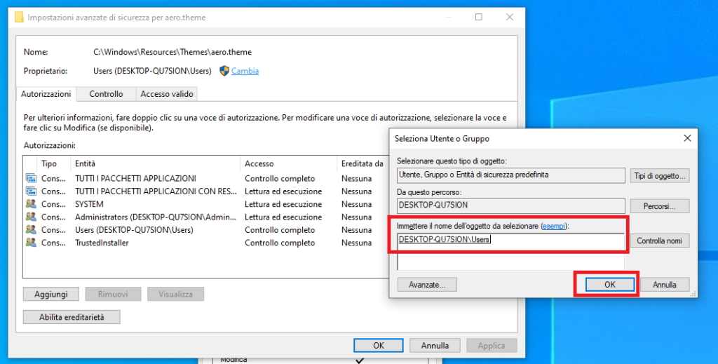 Cambiare autorizzazioni file Windows 10