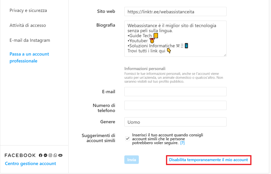 Come disabilitare account Instagram