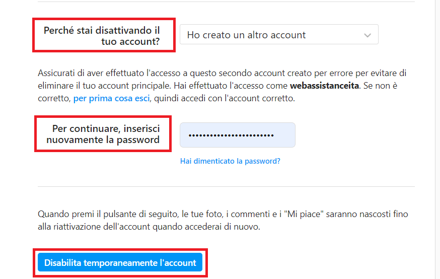 Come disabilitare account Instagram