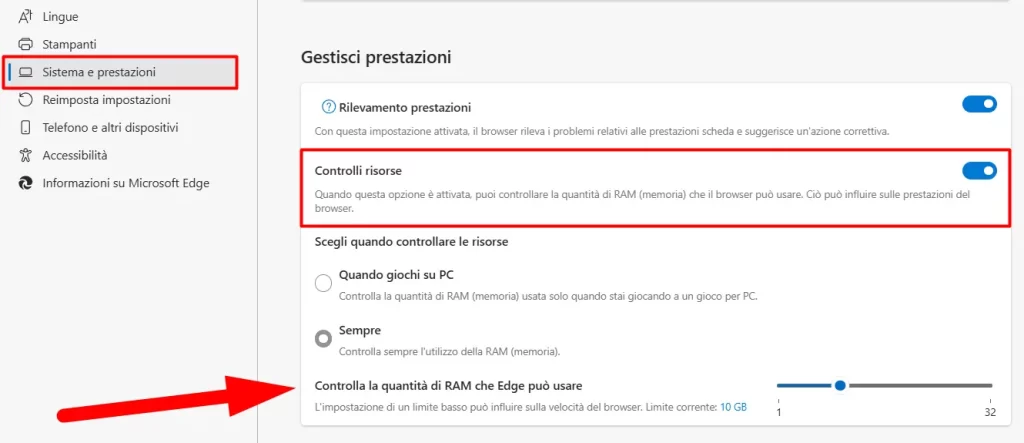 limitare l'uso della RAM su Microsoft Edge